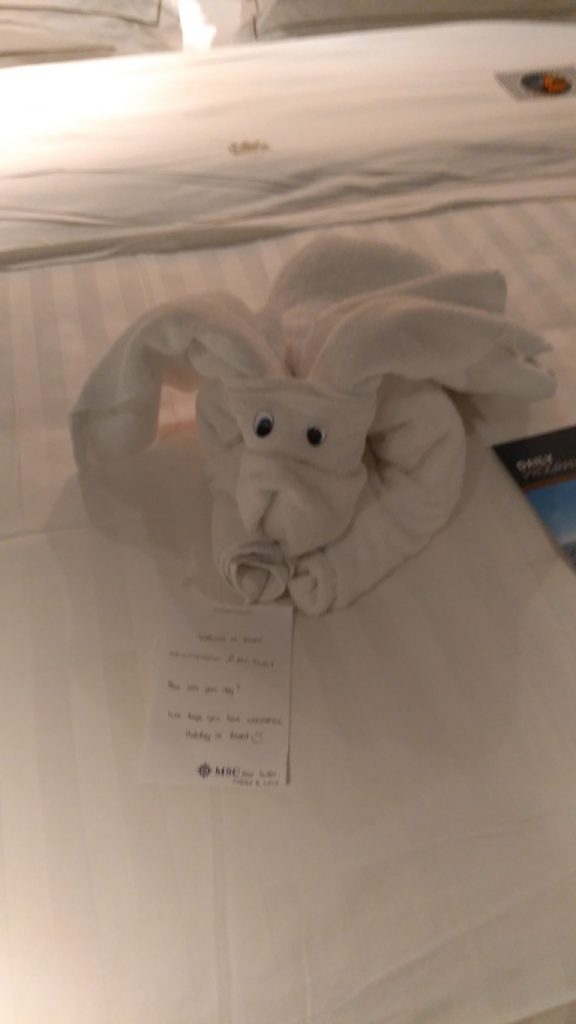 Towel animal with note from butler in the yacht club cabin