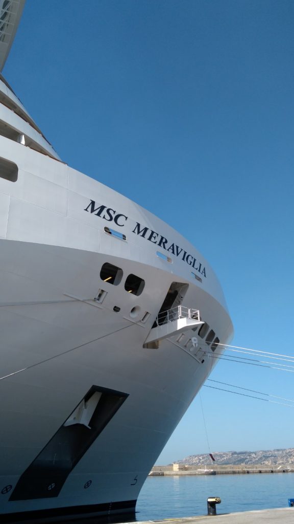 MSC Meraviglia writing on front of the ship