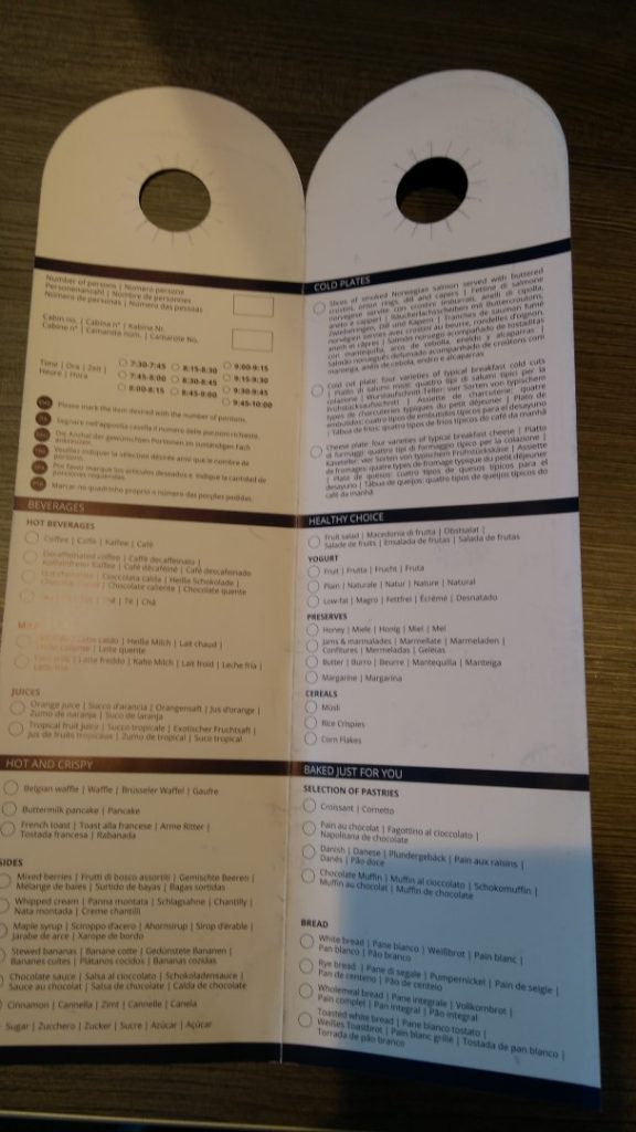 MSC breakfast room service menu card brought to you by your MSC Butler