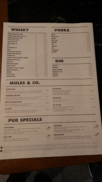 Masters of the Sea Pub menu on MSC Meraviglia