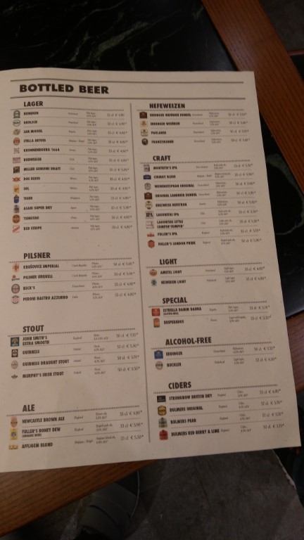 Masters of the Sea Pub menu on MSC Meraviglia