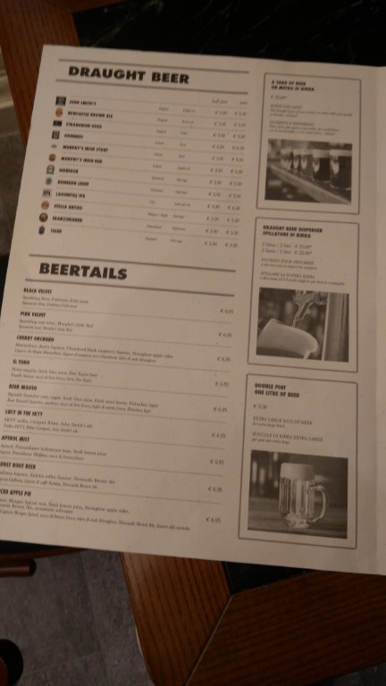 Masters of the Sea Pub menu on MSC Meraviglia