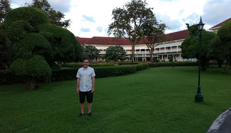 Me in the grounds of the hotel with the hotel behind