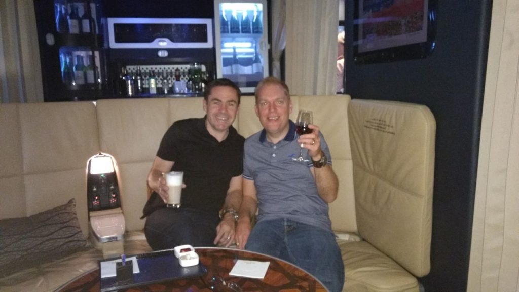 Us in the onboard lounge in Etihad Business Class