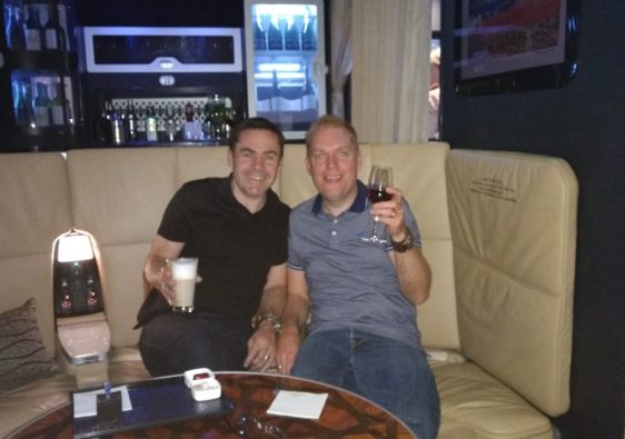 Us in the onboard lounge in Etihad Business Class