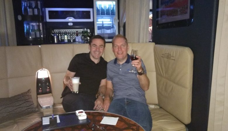Us in the onboard lounge in Etihad Business Class
